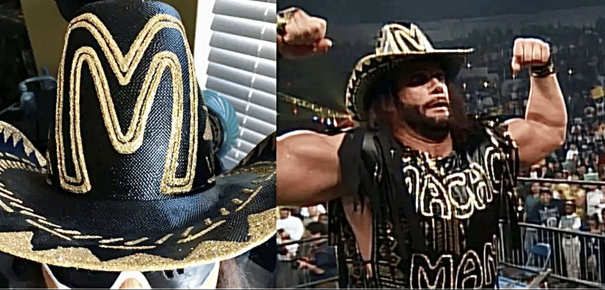 Split image of a black and gold cowboy hat beside a wrestler flexing in a ring while wearing matching MACHO MAN attire
