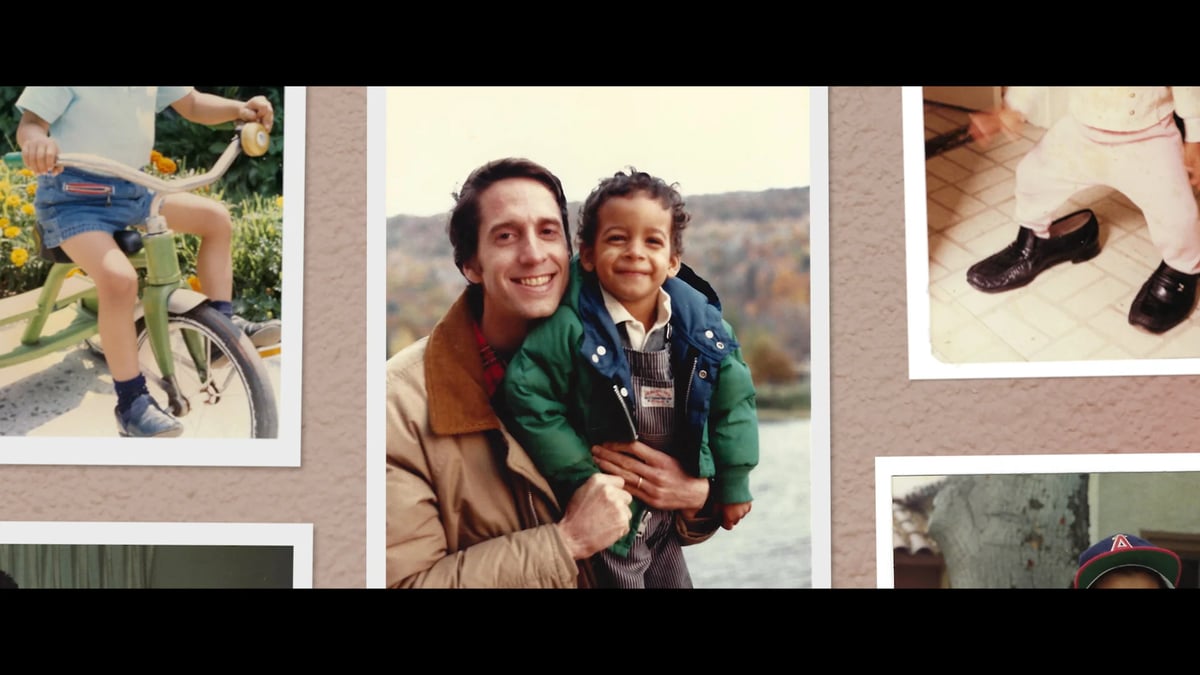 Photo collage showing a smiling man holding a young boy outdoors, with additional family pictures around it.