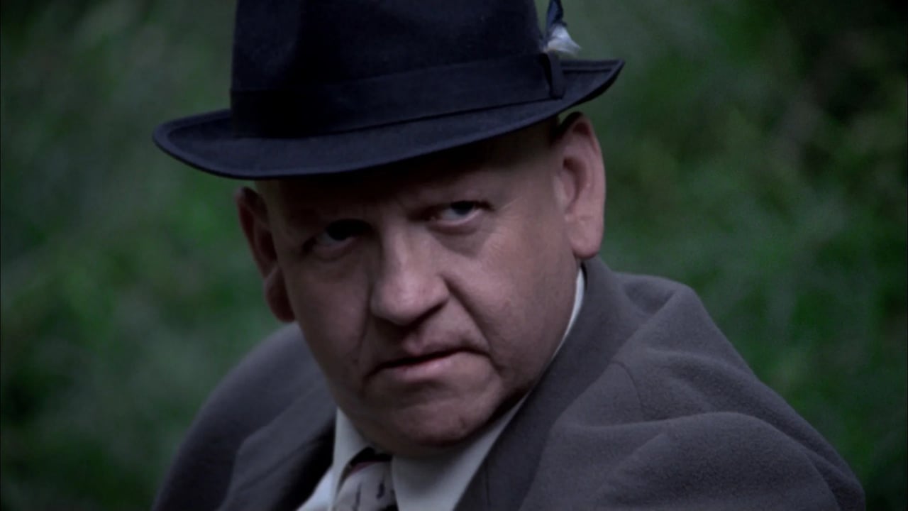 Close-up portrait of a man wearing a dark fedora and coat outdoors with a blurred green background.
