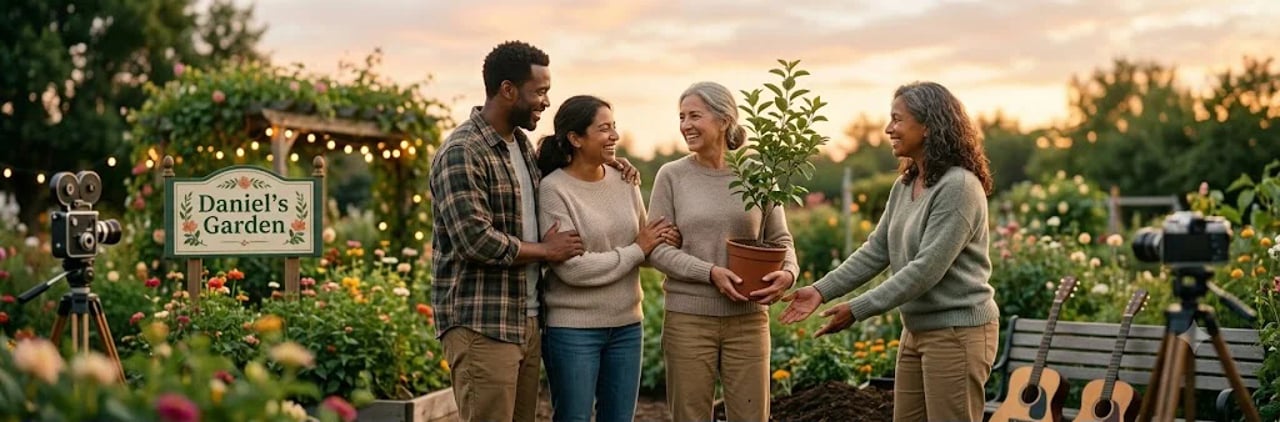 People smiling together in a garden at sunset, with a potted plant and a sign that reads “Daniel’s Garden.”