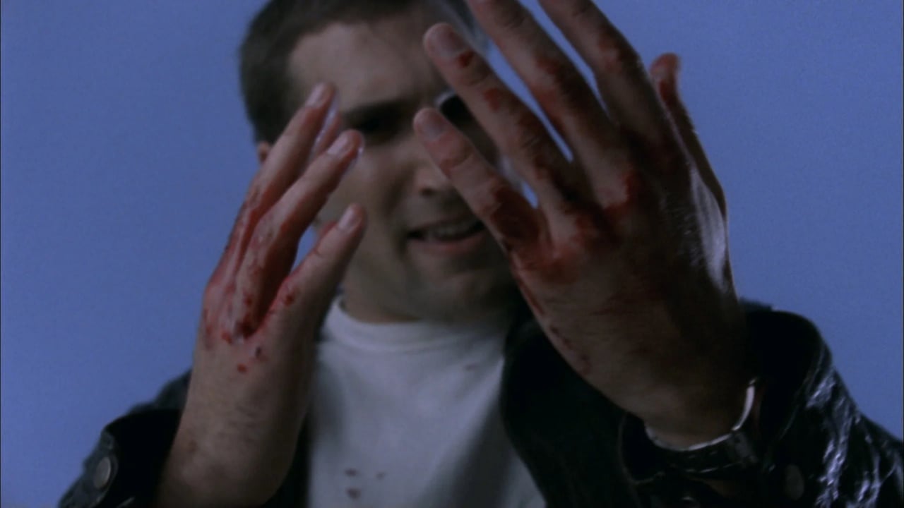 Close-up of two people with hands raised in front of the camera, hands smeared with blood, blue background.