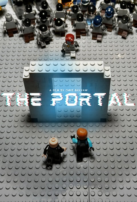 LEGO minifigures arranged on a gray studded surface with a blue screen area and overlaid title/credit text.