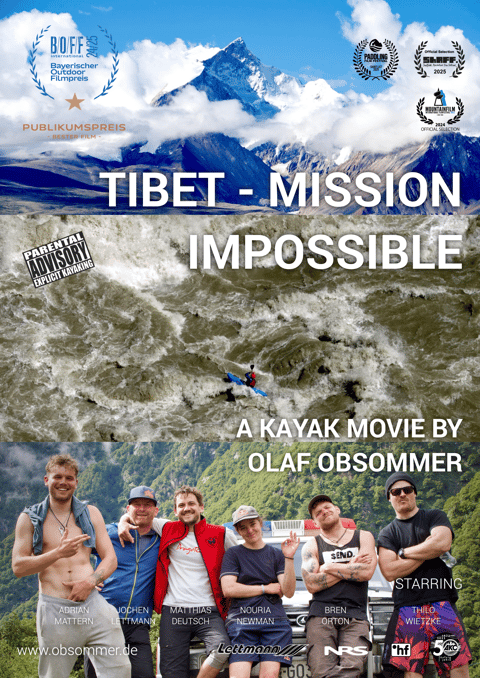Portrait film poster showing Himalayan mountains, a kayaker, and six expedition members beneath the title Tibet - Mission Impossible.