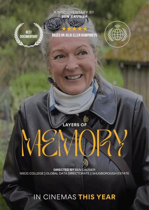 Documentary poster for Layers of Memory featuring a smiling woman outdoors, festival laurels, filmmaker credits, and text announcing a cinema release this year.