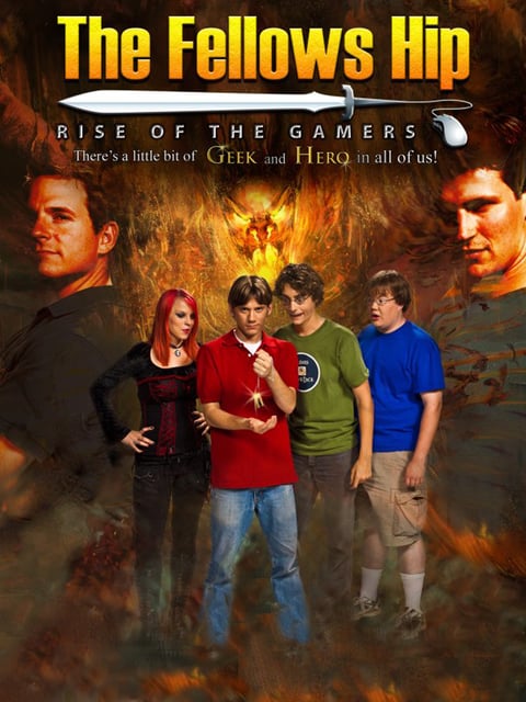 Poster-style artwork for an independent film titled “The Fellows Hip,” featuring five people in colorful outfits posed in front of a burning, fantasy-themed background.