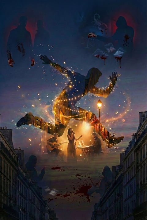 A dark city street at dusk with a glowing band performance and ghostly silhouettes above, surrounded by floating debris and dramatic lighting.